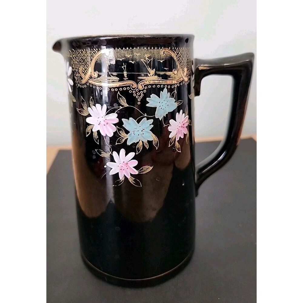 Vintage Chatsworth England Medium Pitcher, Black w Raised Flowers/Gold Design